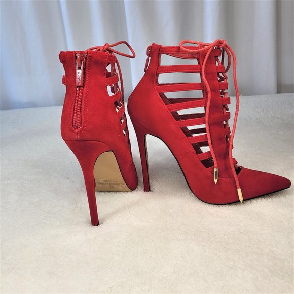 ☆ Alba Red Cage Cut Pointy Toe Lace Up Ankle Boots - Picture 7 of 9